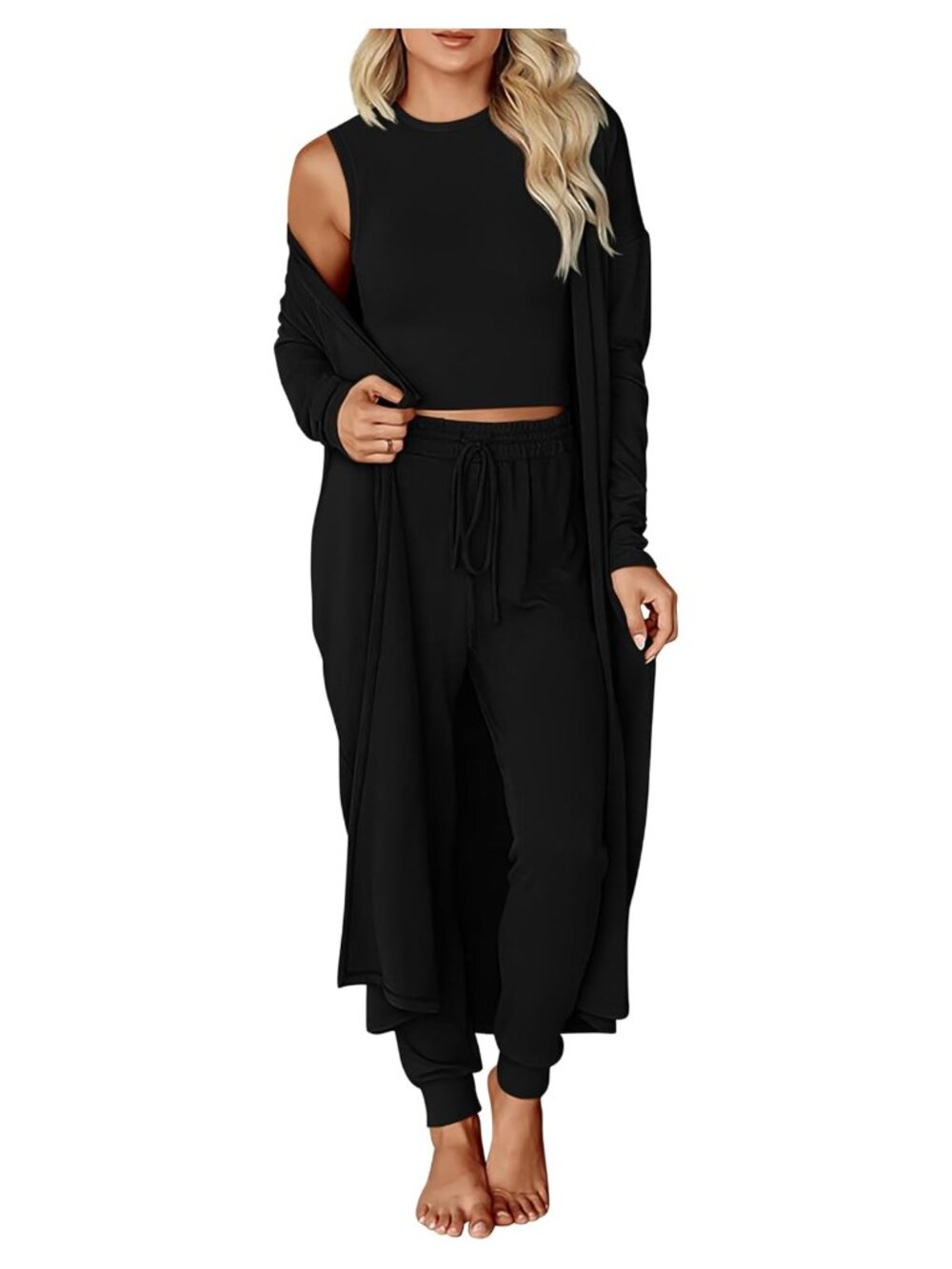3 Piece Lounge Set Crop Tank Jogger Pants Cardigan Travel Outfit